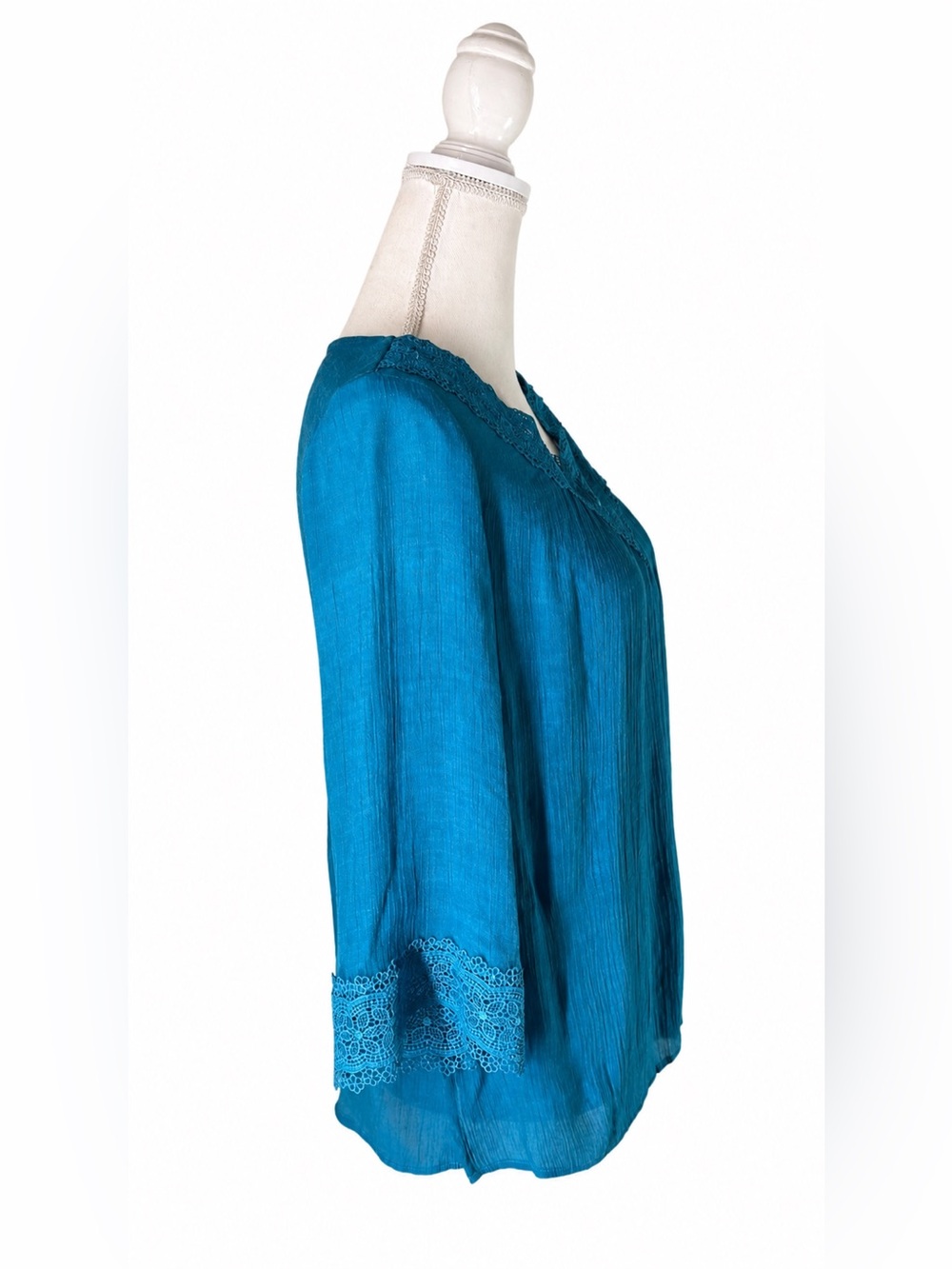 Counterparts Teal Boho Peasant Blouse Lace Trim V-Neck 3/4 Bell Sleeve - Size S - Picture 3 of 16